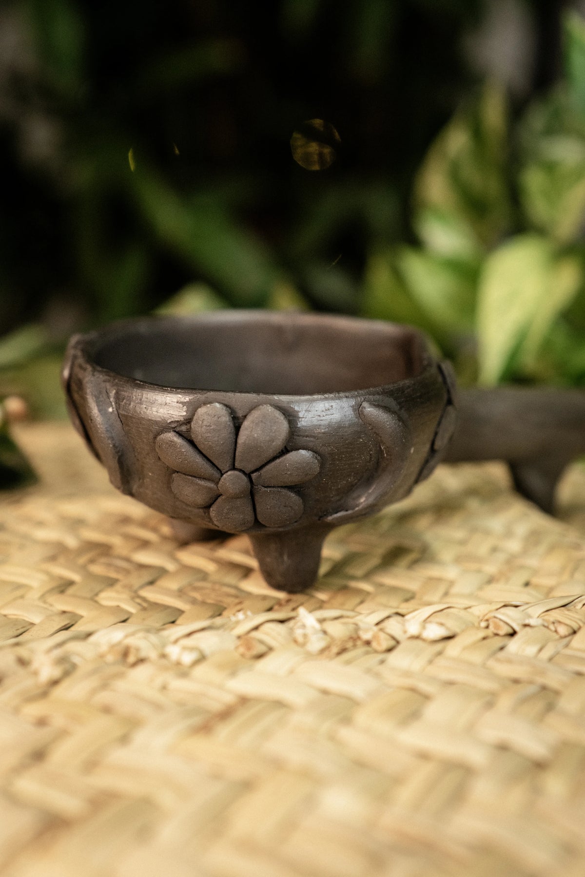 Oaxaca's Polished Clay - Ceremony-Type Copalera Moon & Flowers Sahumerio Cup