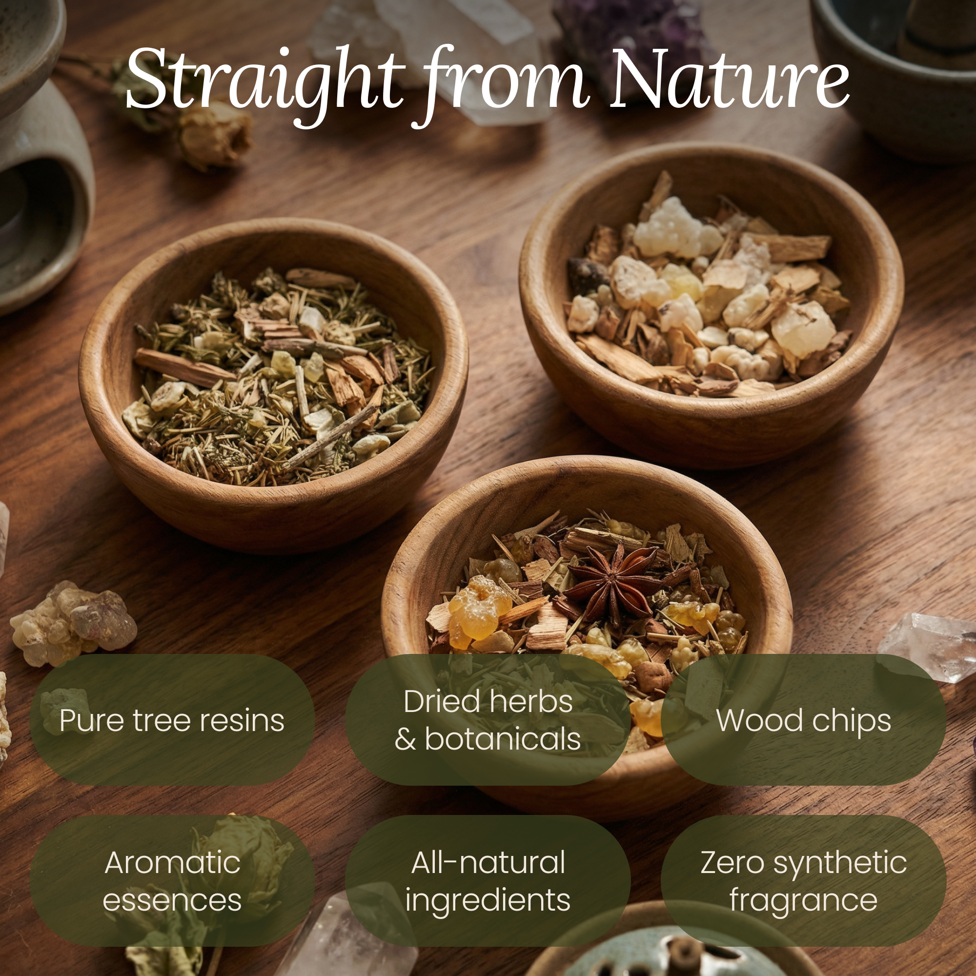 Resin, Herbs and Essences Trio Mix.- Purify, Meditate & Manifest with Copal, Frankincense, Palo Santo & More. 3 Mixes of .74 oz Each.