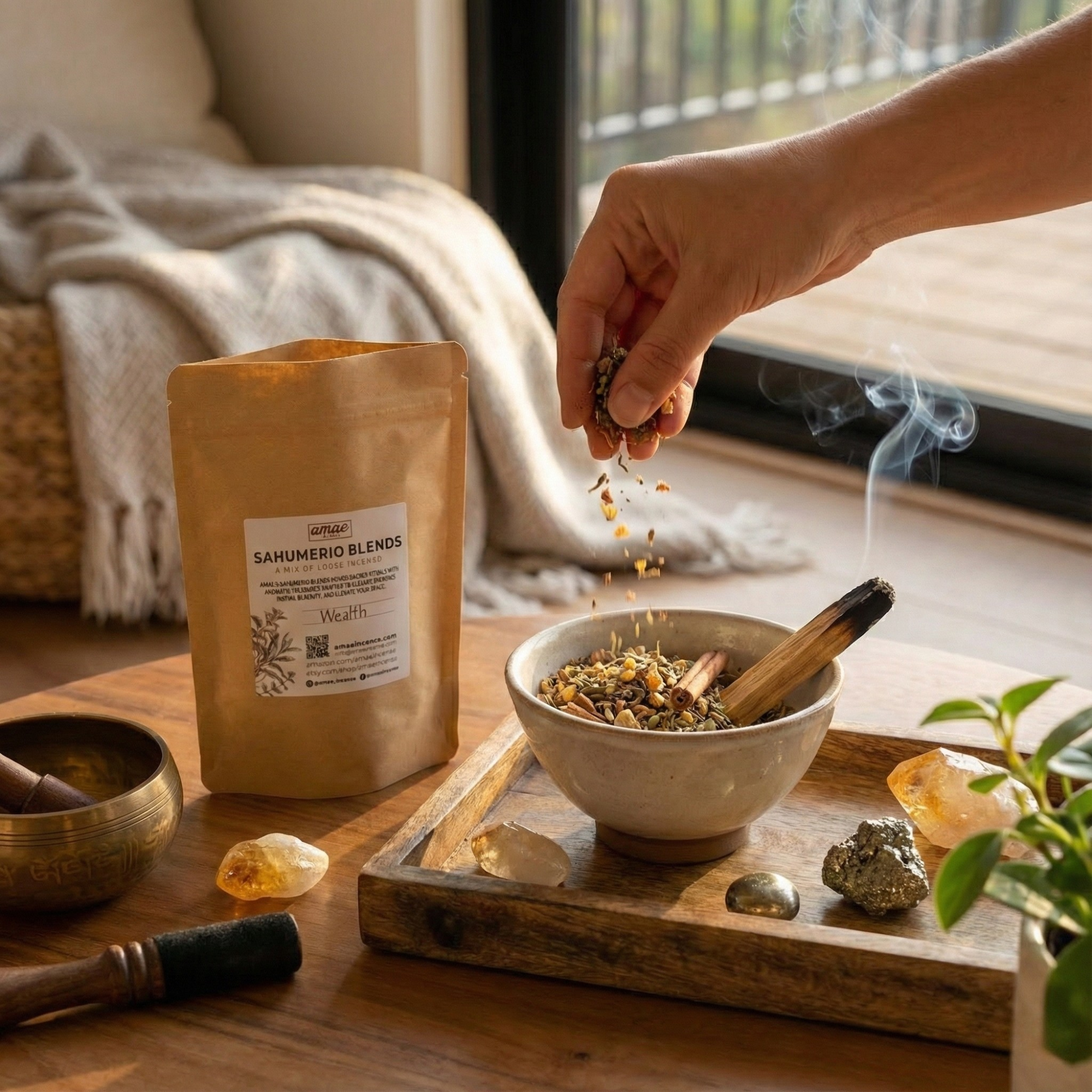 Amae Incense Original Herbs Resin & Essences Mix - Premium Frankincense Resin, Pure Sandalwood Essence, & Kosher Herbs - Manifest Abundance